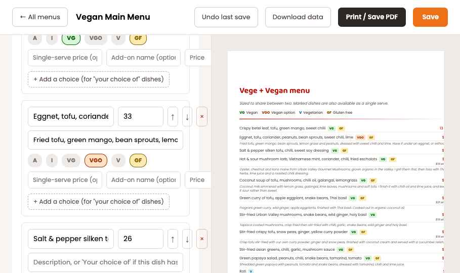 Editing a dish, with tag buttons