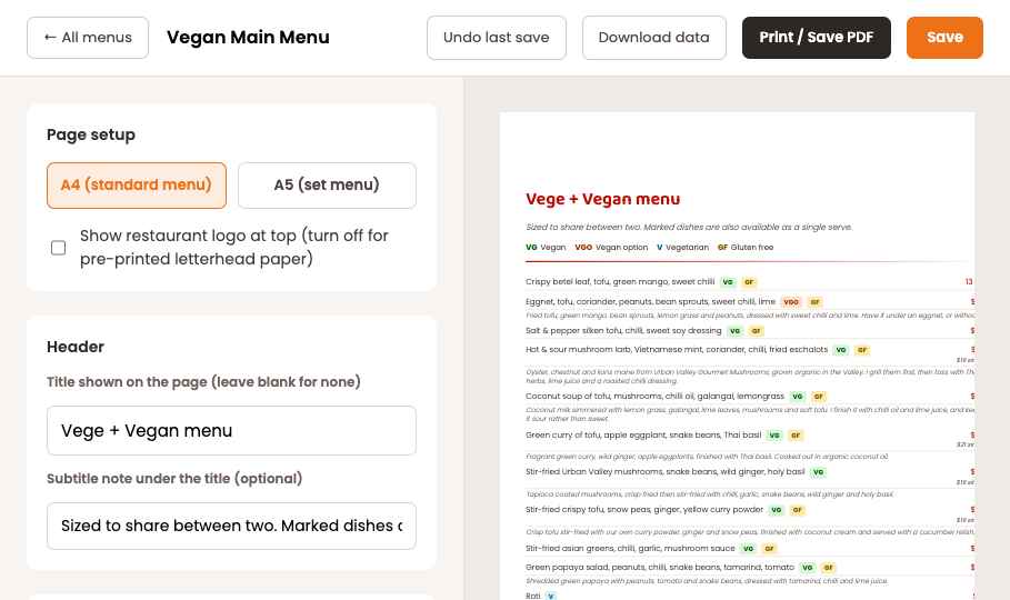 The Shortgrain Menus dashboard